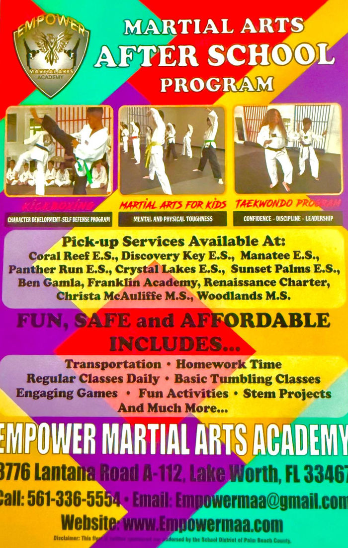 Empower Martial Arts Academy after school martial arts program flyer in Lake Worth FL