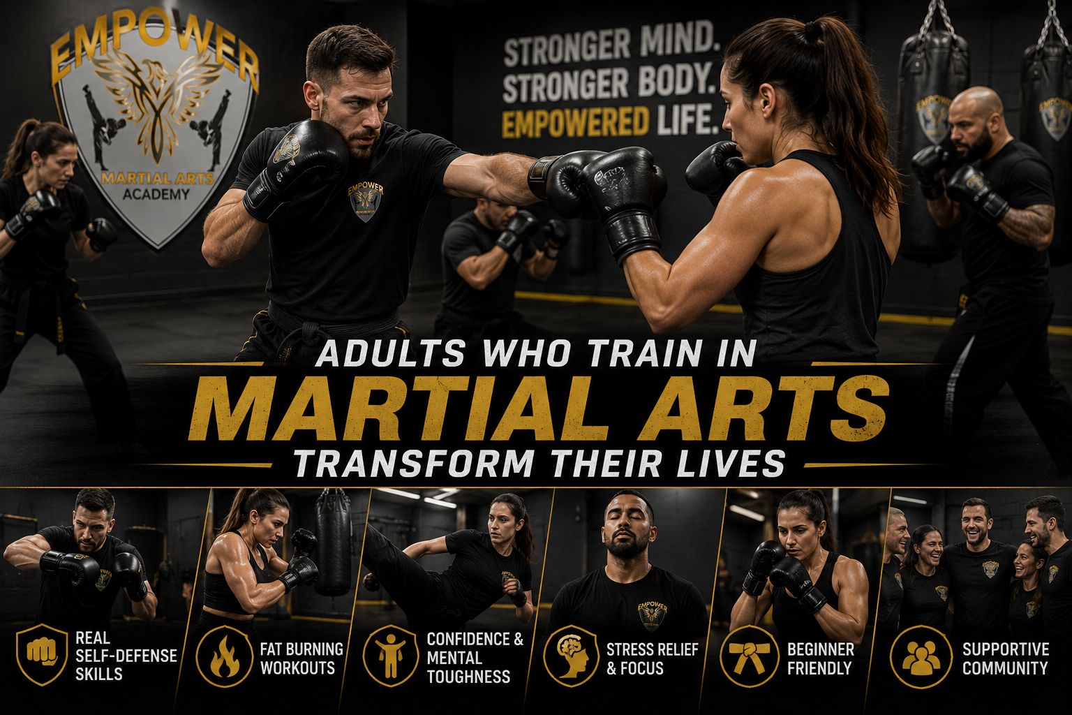 Adults training in martial arts and kickboxing at Empower Martial Arts Academy in Lake Worth, FL — stronger mind, stronger body, empowered life