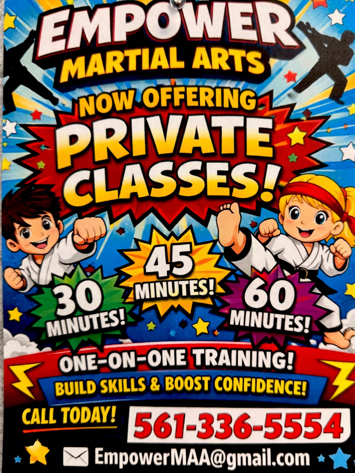 Empower Martial Arts Private Classes flyer — 30, 45 and 60 minute one-on-one training Lake Worth FL
