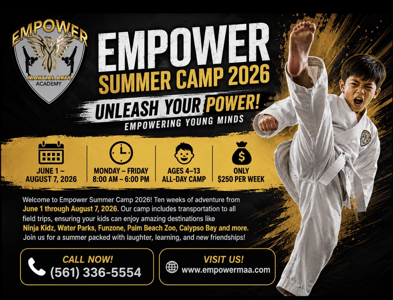 Empower Martial Arts Academy Summer Camp 2026 flyer — Lake Worth FL kids day camp, ages 4-13